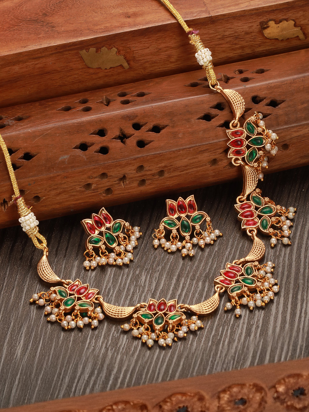 Gold Plated Red & Green Stone Studded Lotus Choker Jewellery Set